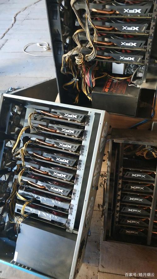 Miners work to set up Bitcoin mining rigs.